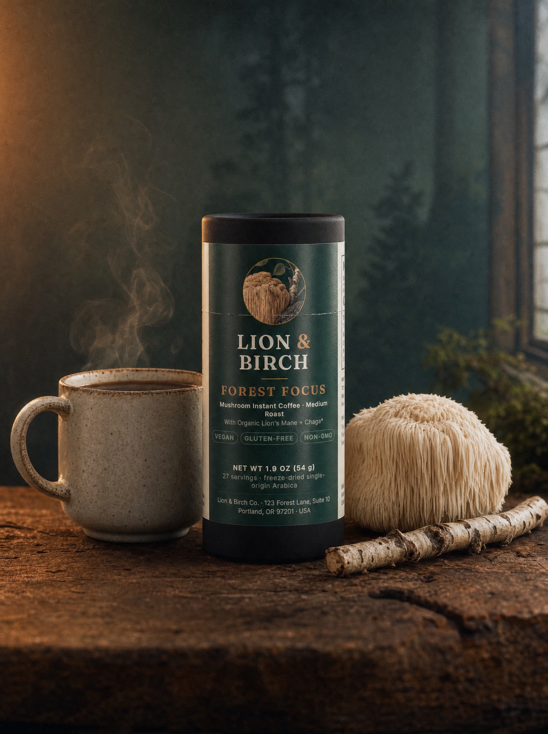 Lion & Birch Forest Focus mushroom coffee tube beside a steaming ceramic mug, lion's mane mushroom and birch twig