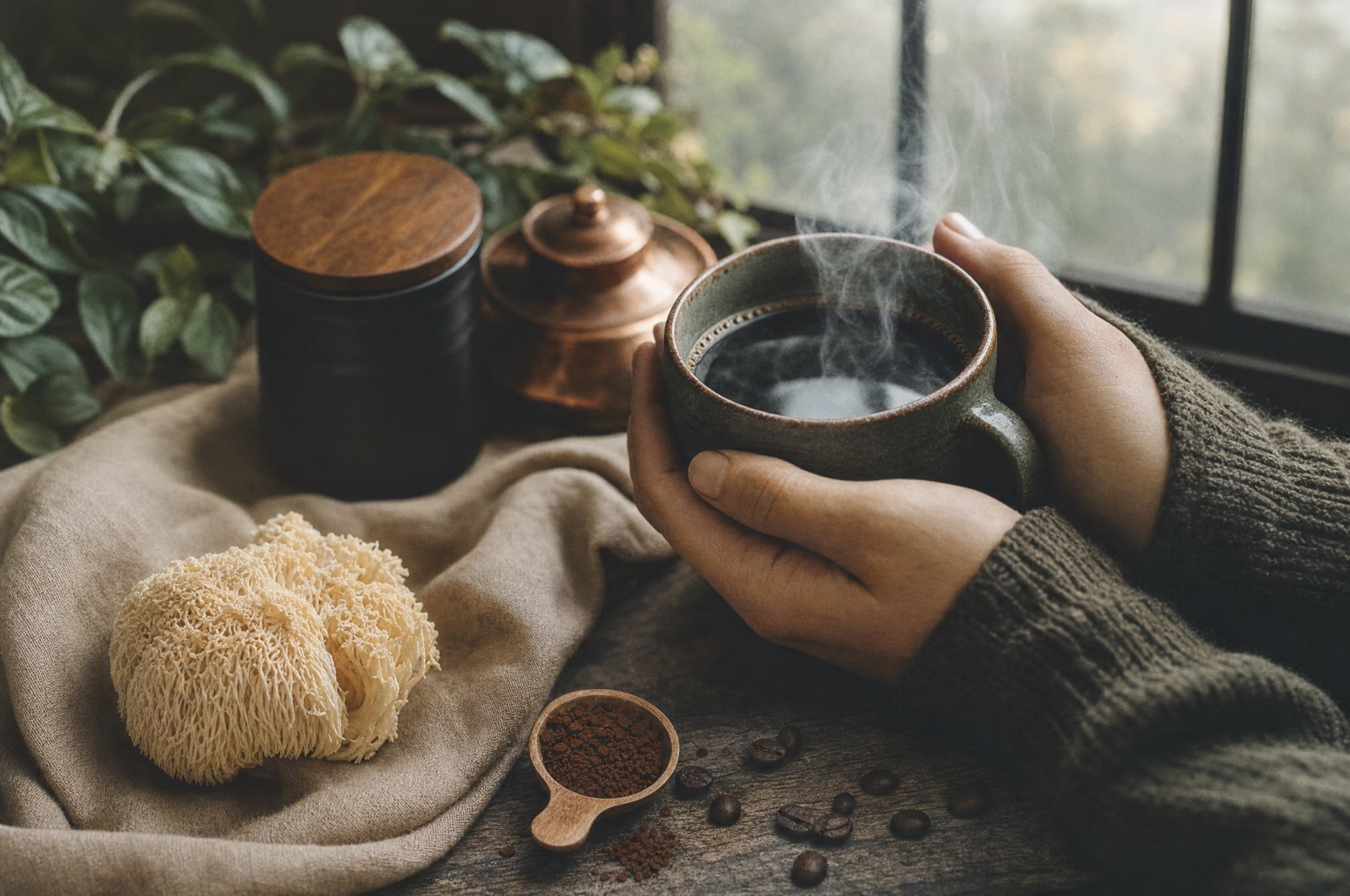 Hands wrapped around a warm ceramic mug of Lion & Birch mushroom coffee
